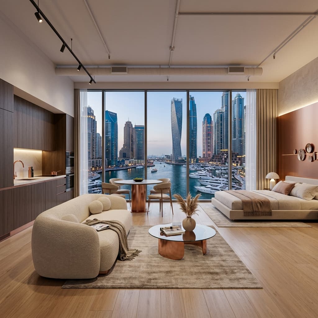 Modern studio apartment with panoramic views of Dubai Marina