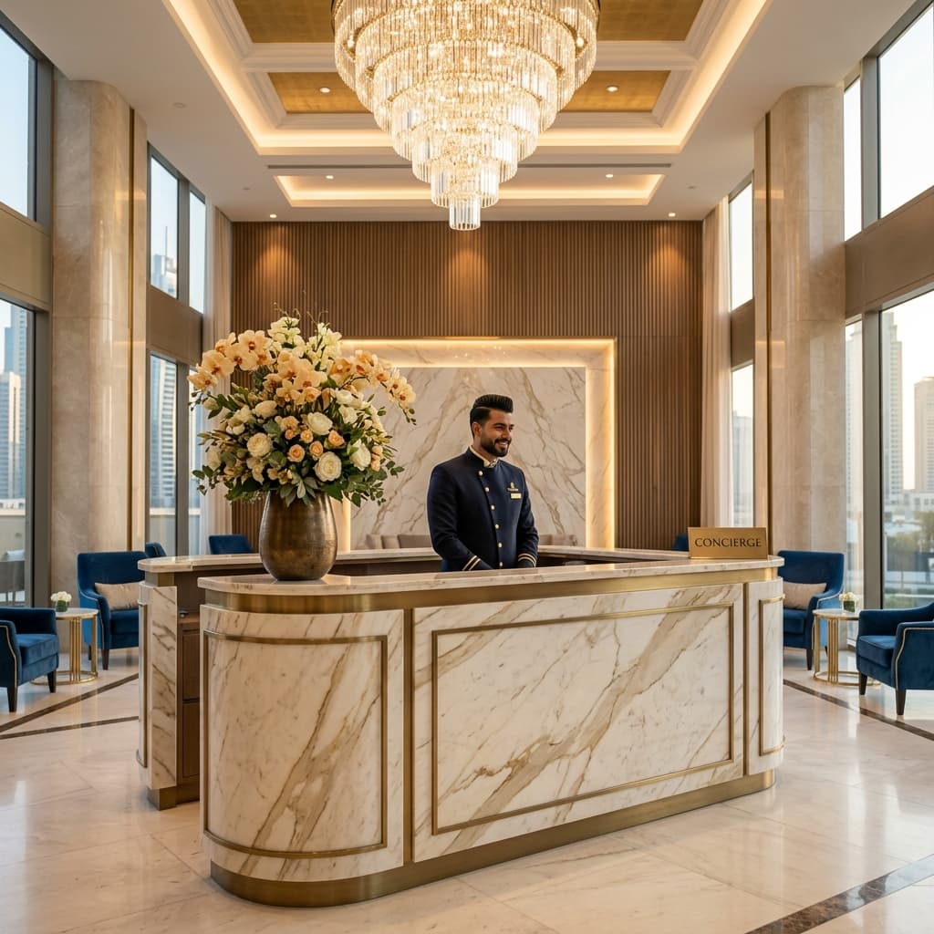 Elegant reception lobby with concierge desk