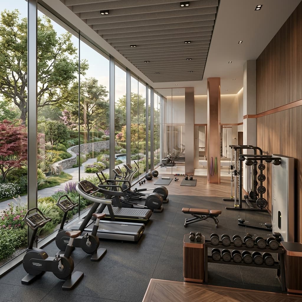 Modern gym with floor-to-ceiling windows and premium equipment