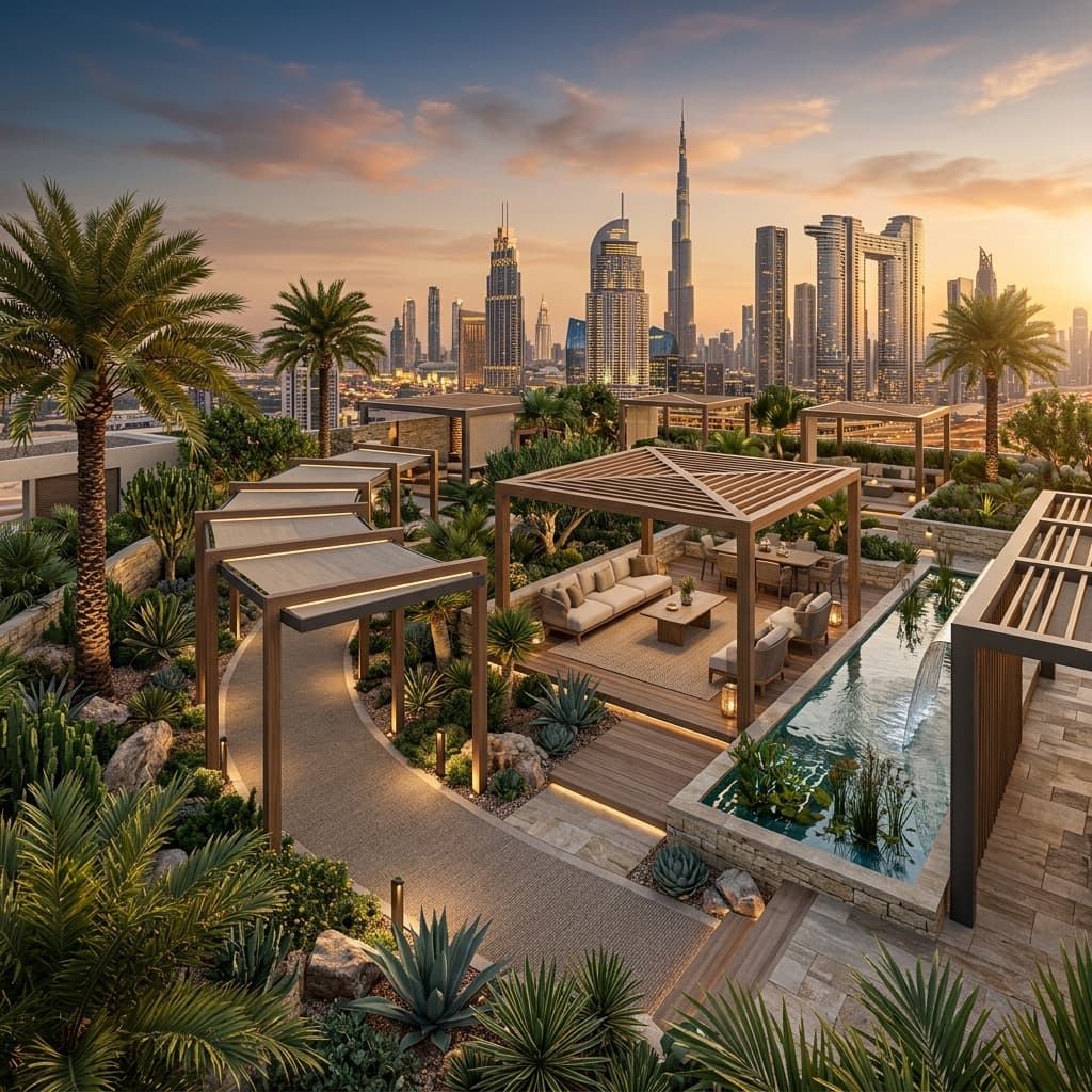 Landscaped rooftop garden with desert planting and seating areas