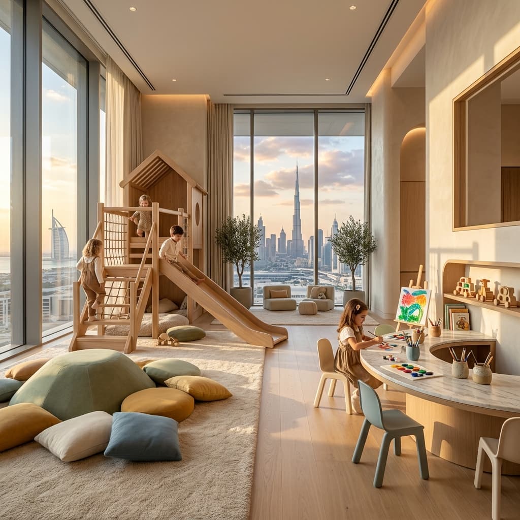Modern children play area with creative activity zones