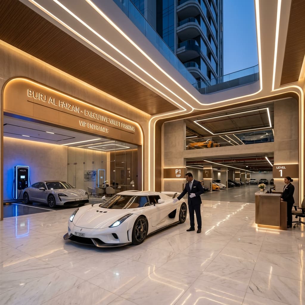 Premium covered parking with valet service entrance