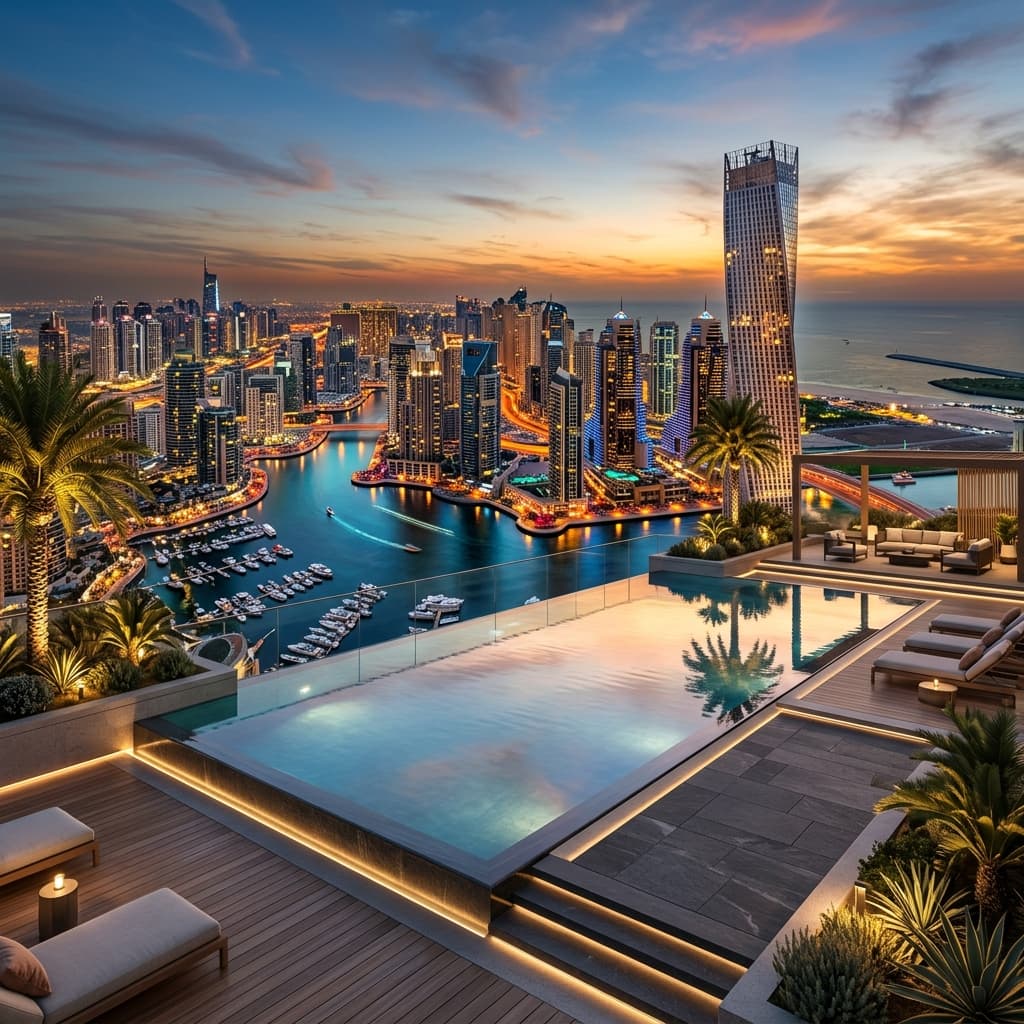 Infinity edge pool overlooking Dubai Marina at sunset