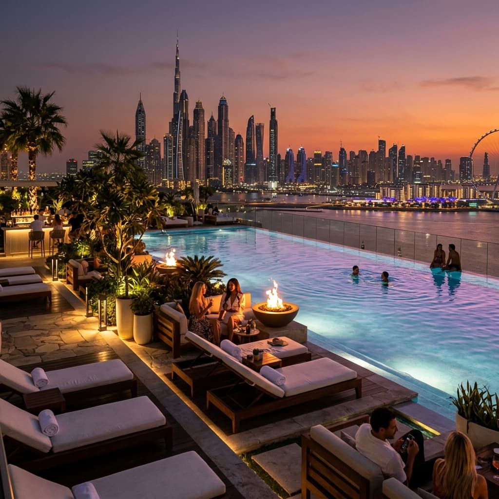 Luxury infinity pool terrace at twilight with Dubai skyline