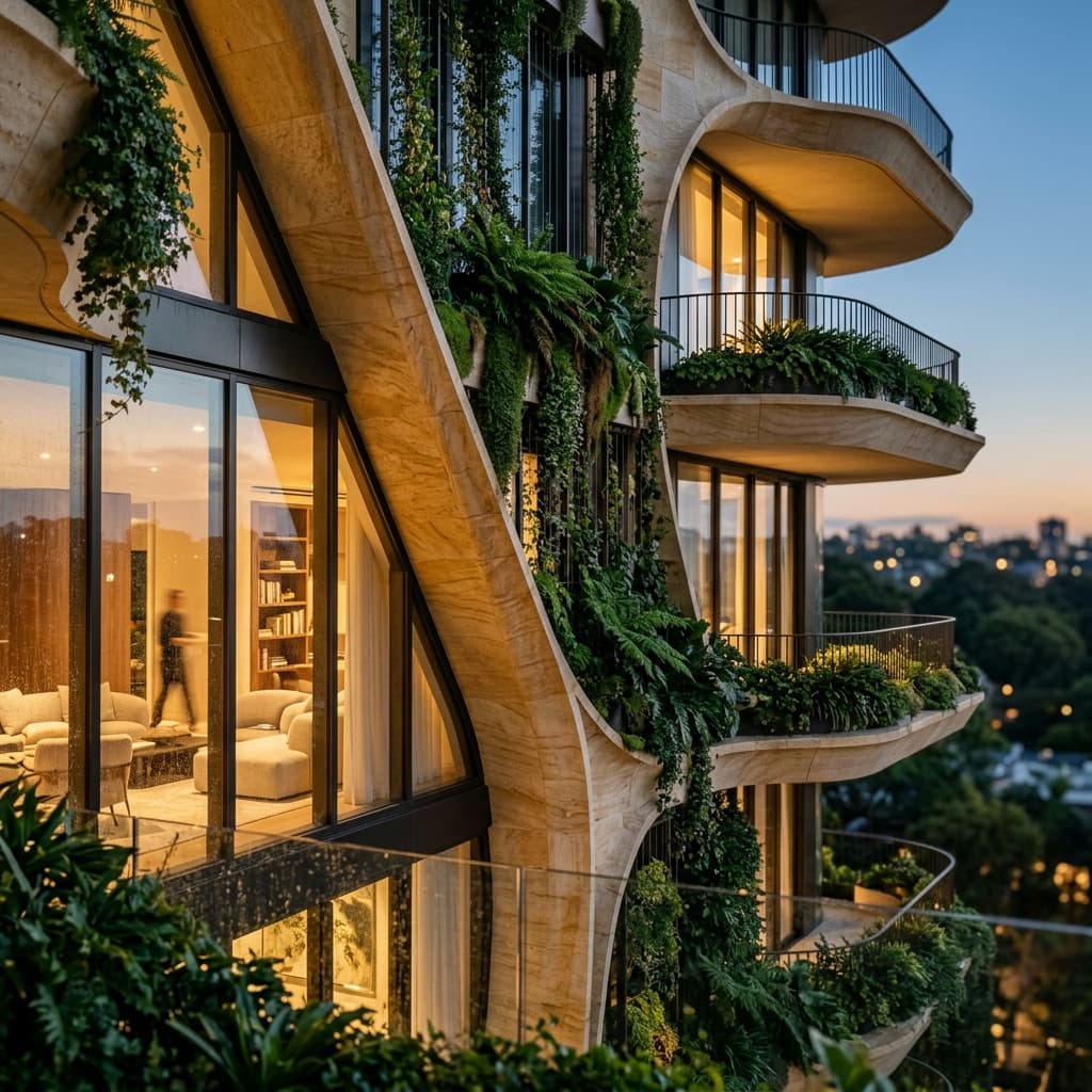 Contemporary organic architecture with vertical gardens and curved limestone
