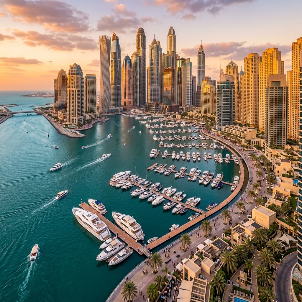 Aerial view of Dubai waterfront marina at golden hour